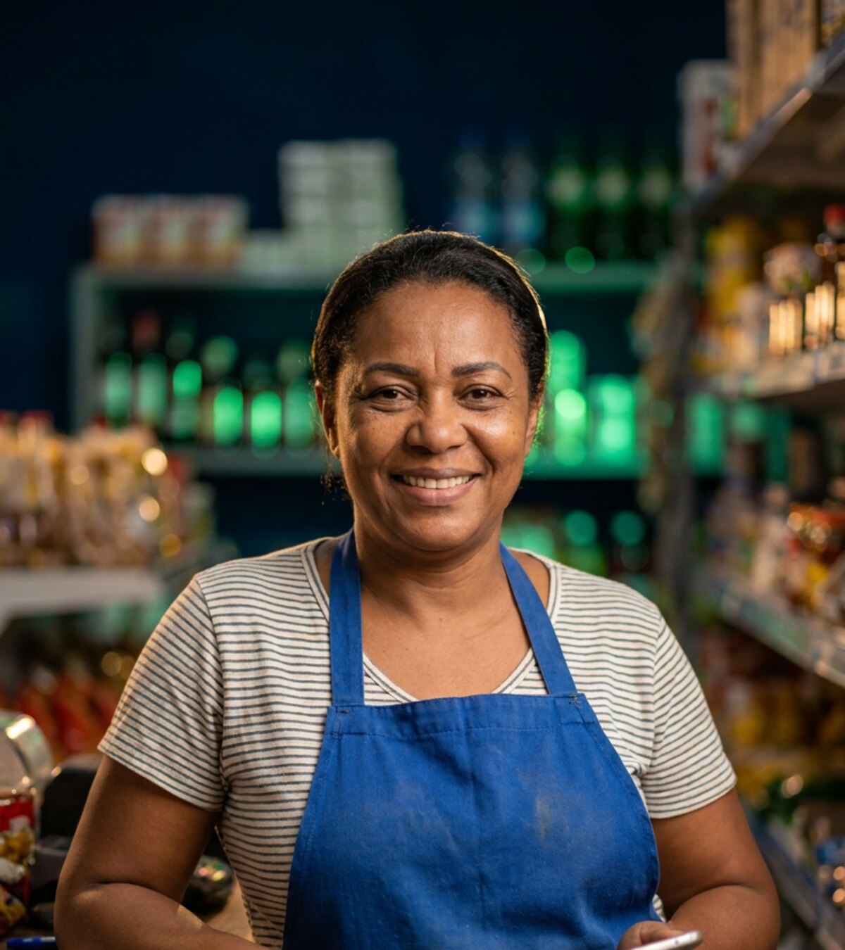 Comerciante brasileira sorrindo atrás do balcão da própria loja, celular na mão.
