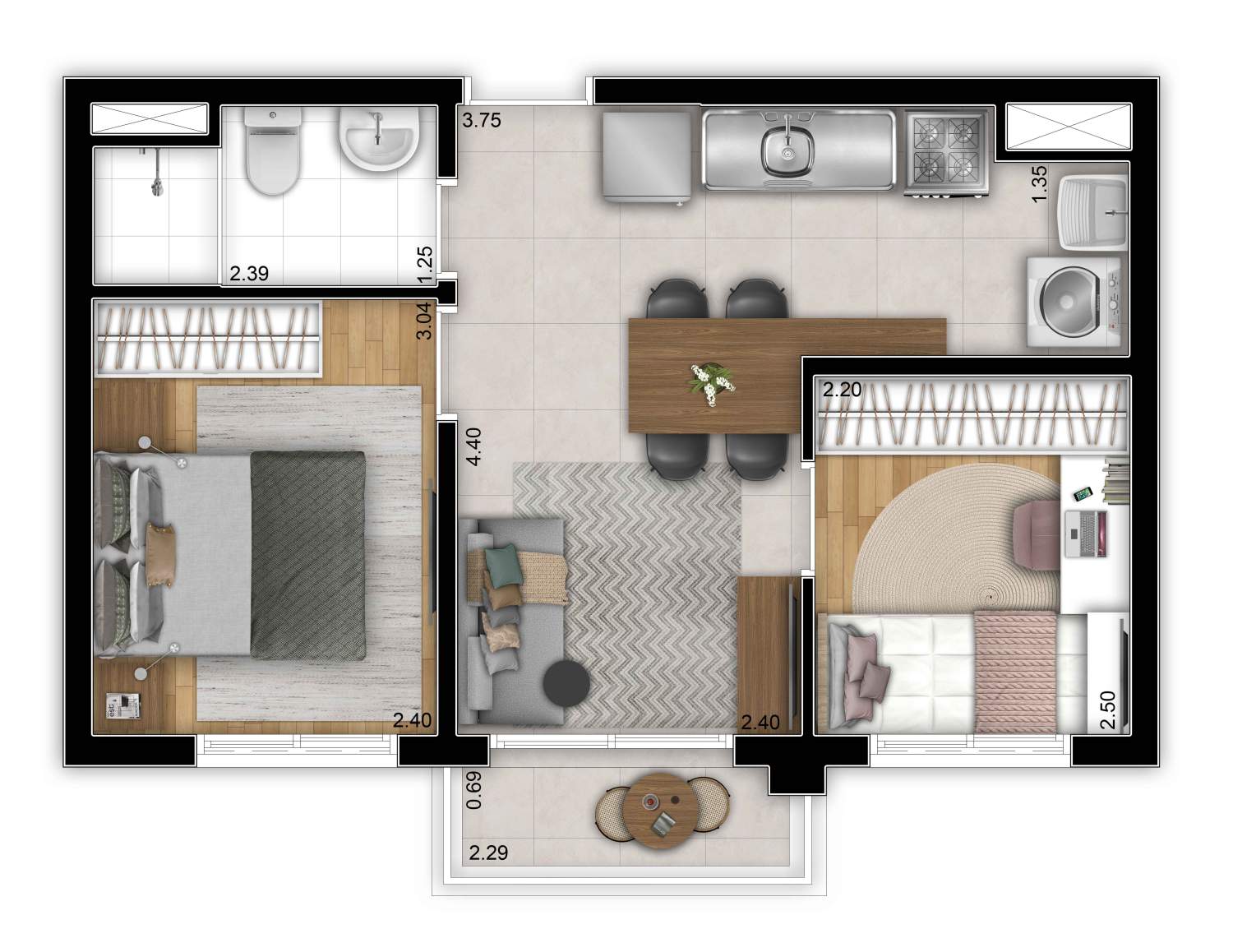 Planta de apartamento 2 dormitórios de 38 m² em Bresser, São Paulo