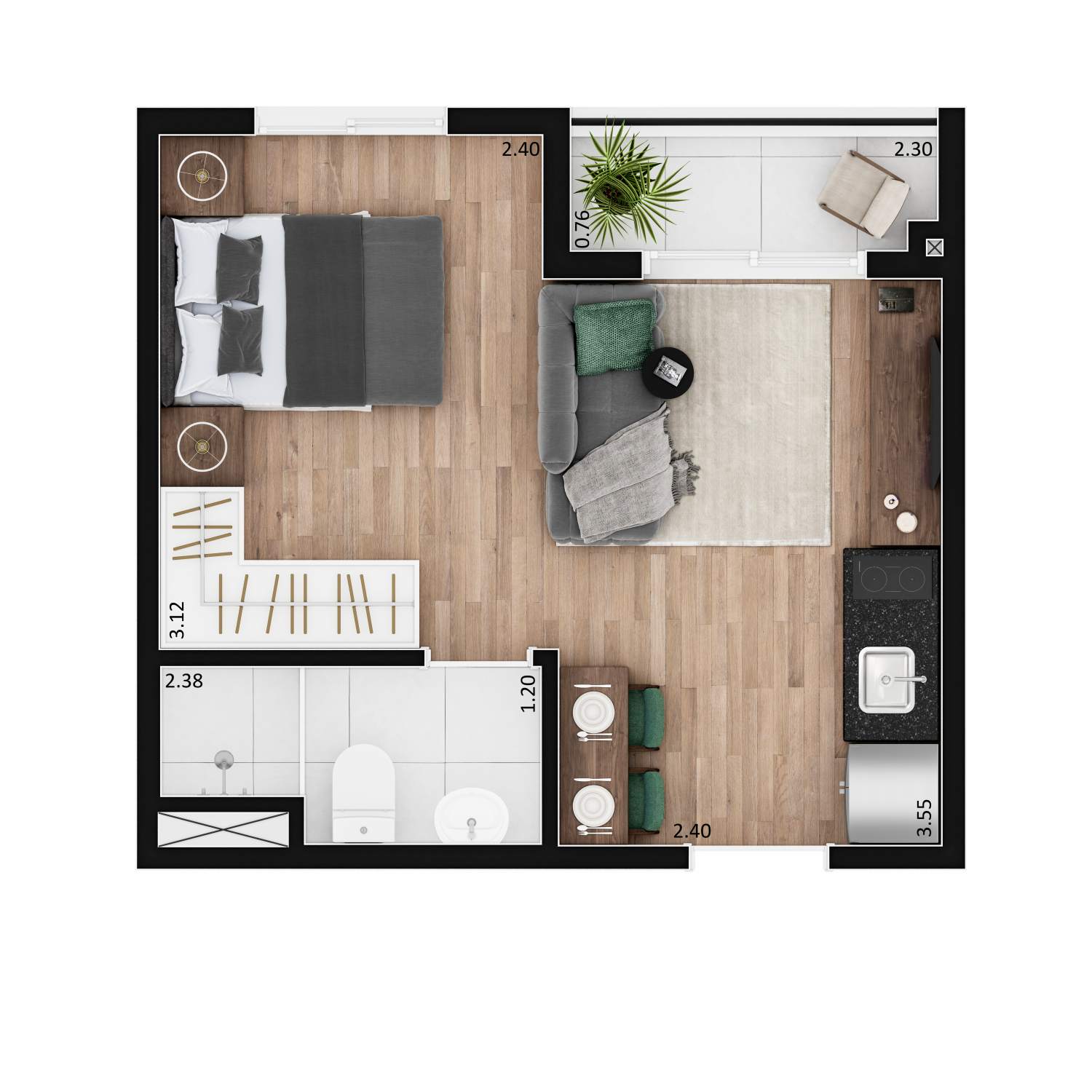 Planta de apartamento studio em Paulista, São Paulo